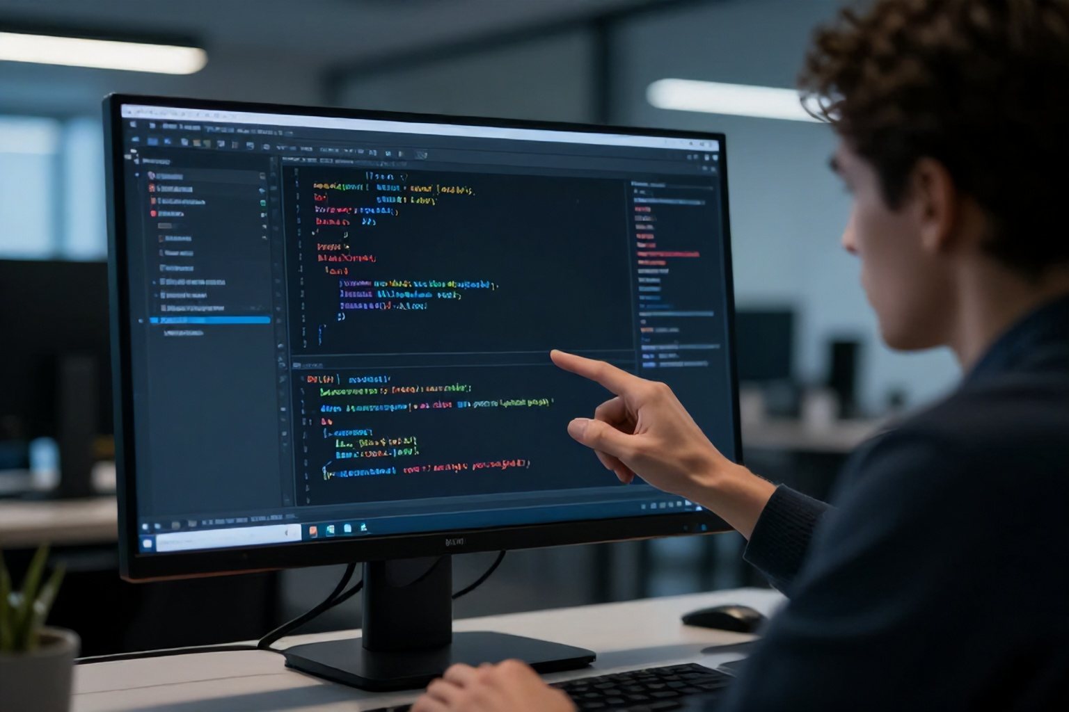 Sviluppatore che analizza codice PHP e XML su un monitor in un ufficio