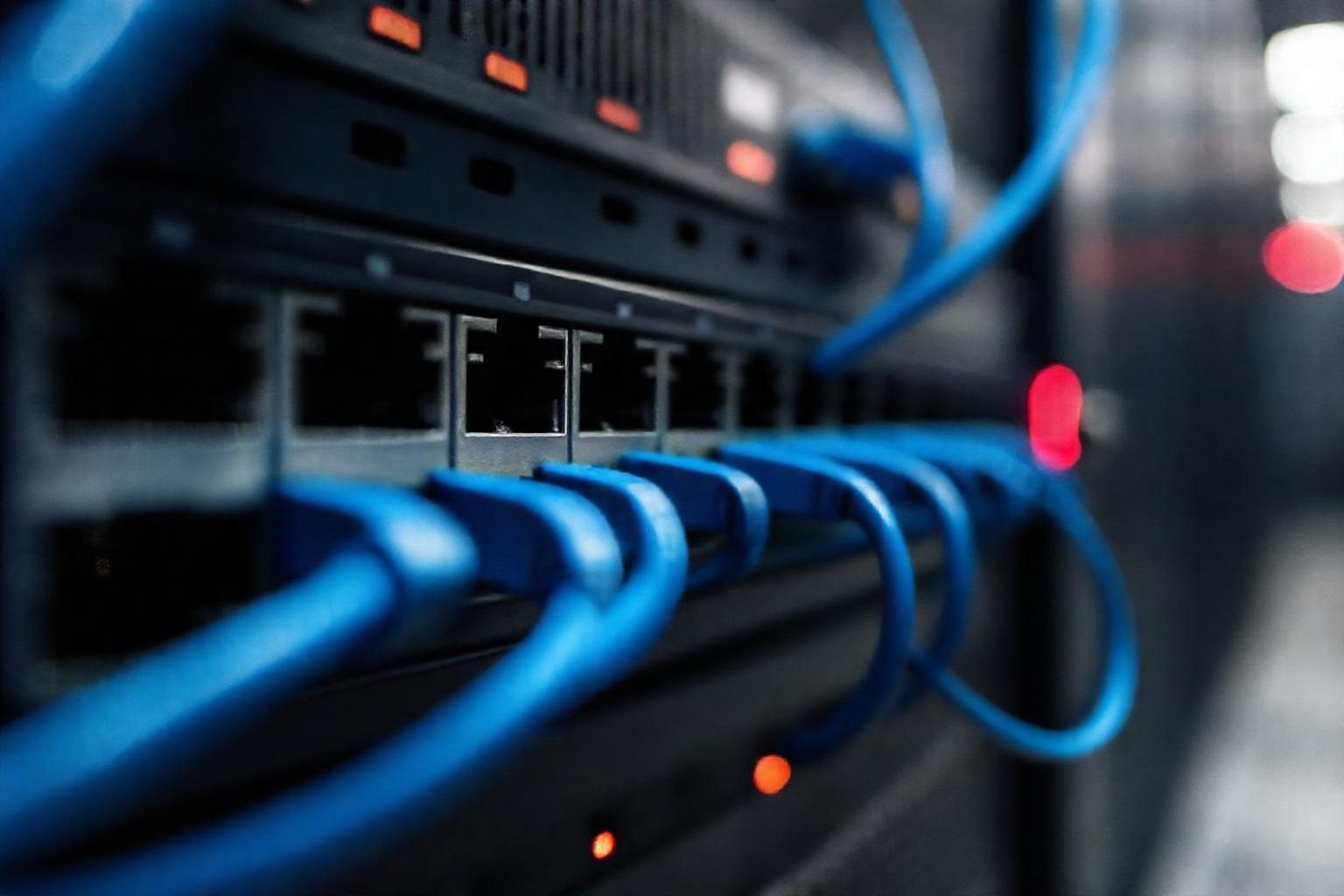 Switch di rete con cavi ethernet in una sala server aziendale