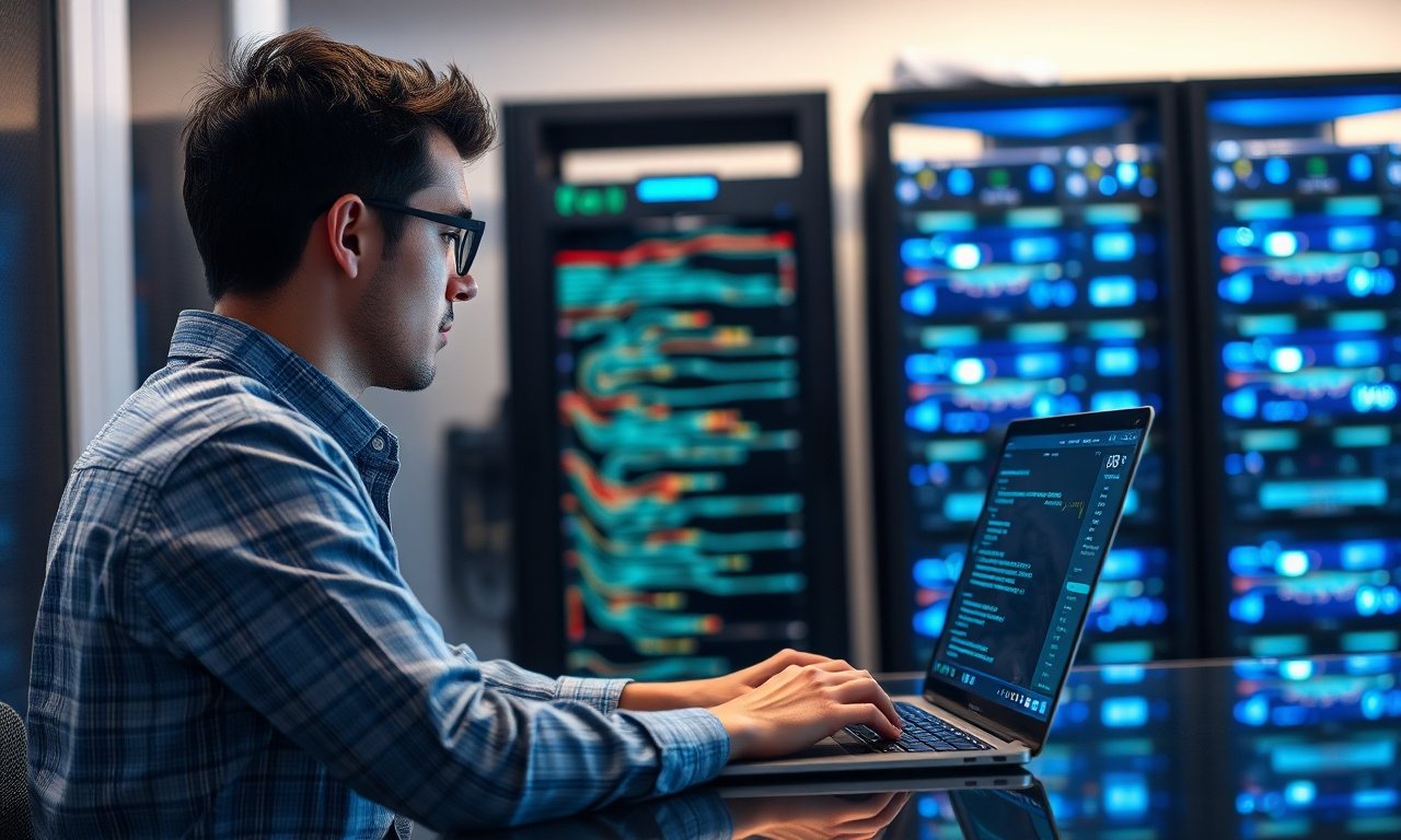 Tecnico di rete che analizza il traffico dati su un portatile in un ufficio