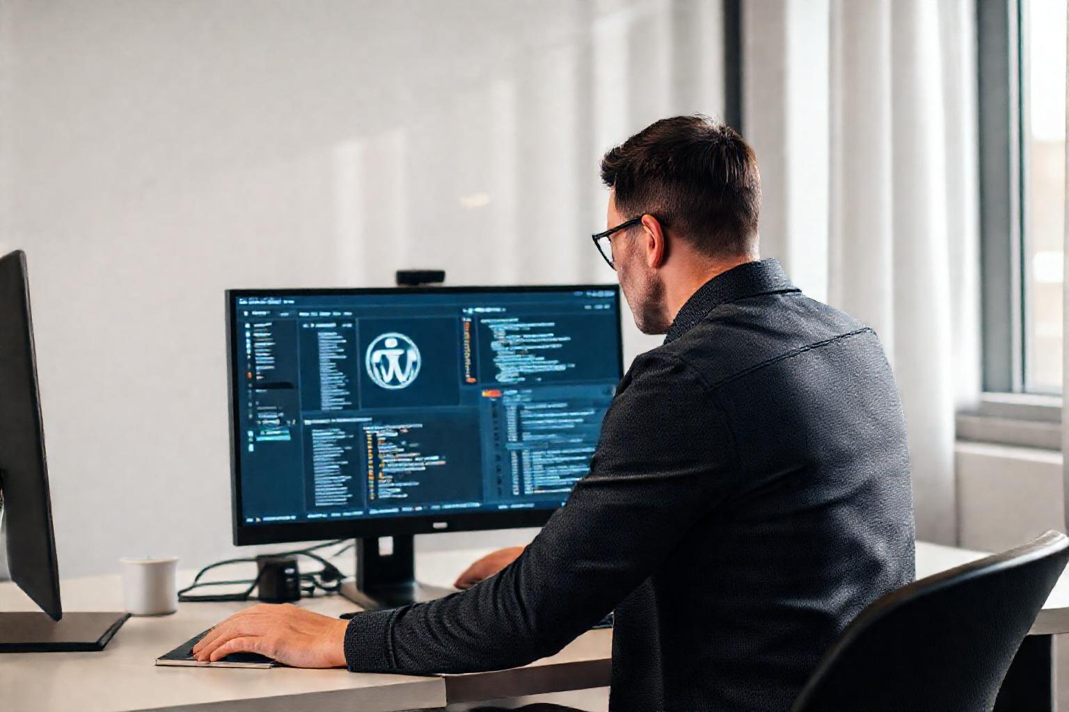 Analista di sicurezza che controlla un sito WordPress su due monitor